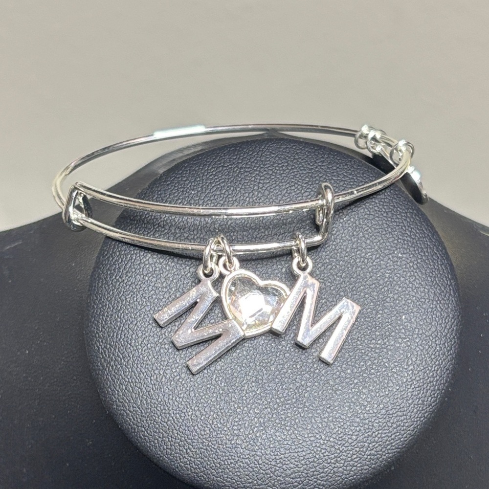 Alex and Ani Silver MOM Rhinestone Charm Bangle Bracelet Adjustable